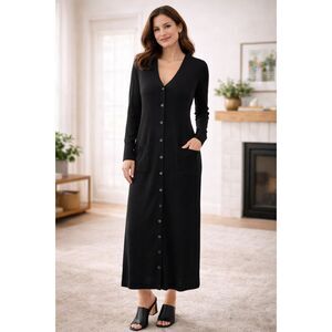 Peruvian Connection Black Wool Silk Cardigan Duster Midi Long Sleeve XL